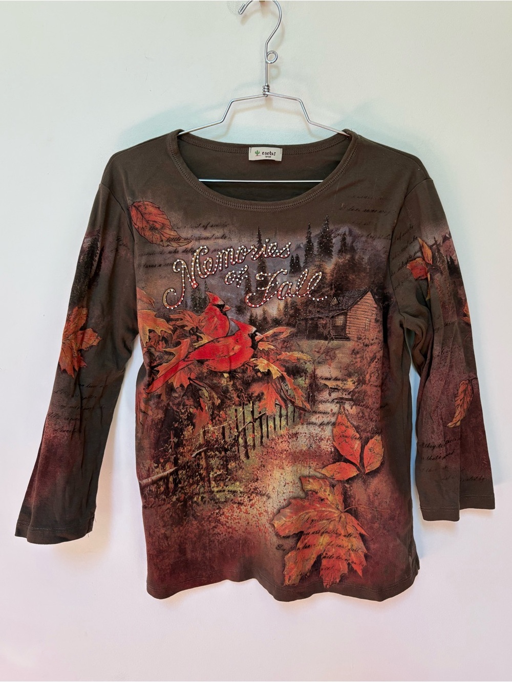 Vintage Y2K Bedazzled Cactus 3/4 Sleeve Fall Memories Top Size Large